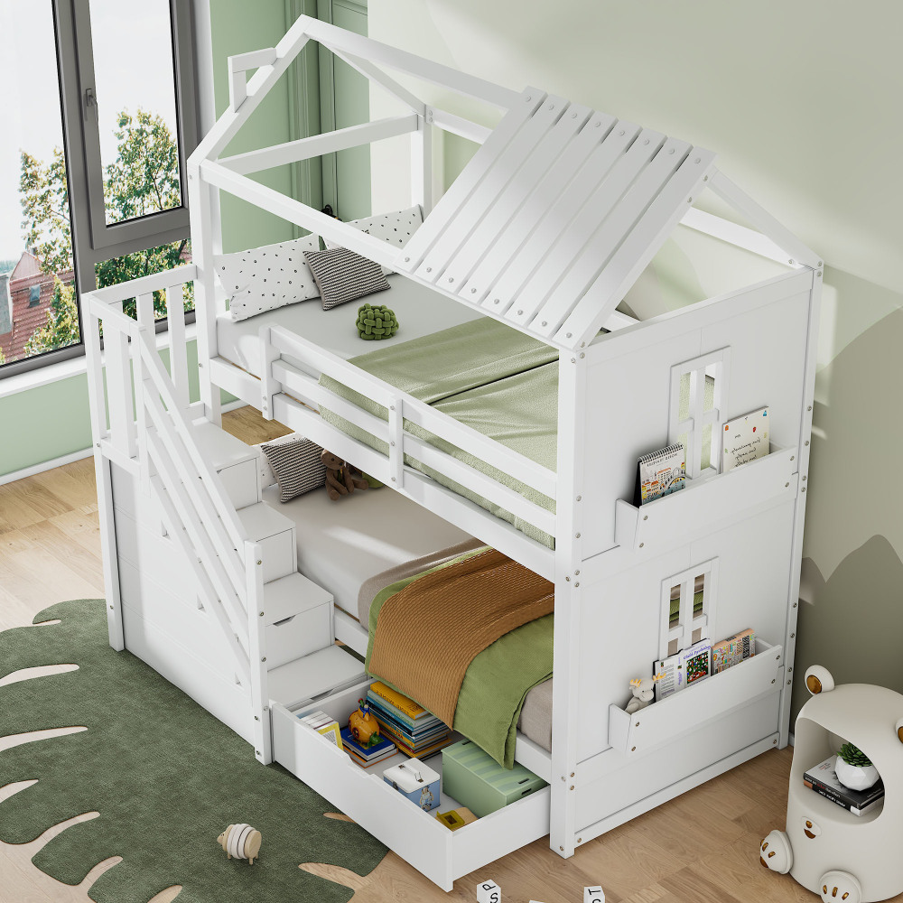 Litera 90x200cm con estantes, almacenaje y cajones madera maciza+mdf blanco
