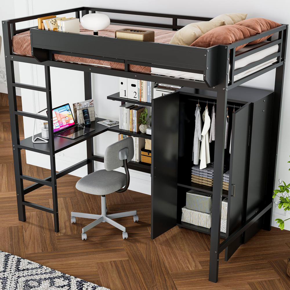 Litera 90x200 cm con escritorio y armario metal y mdf – color negro