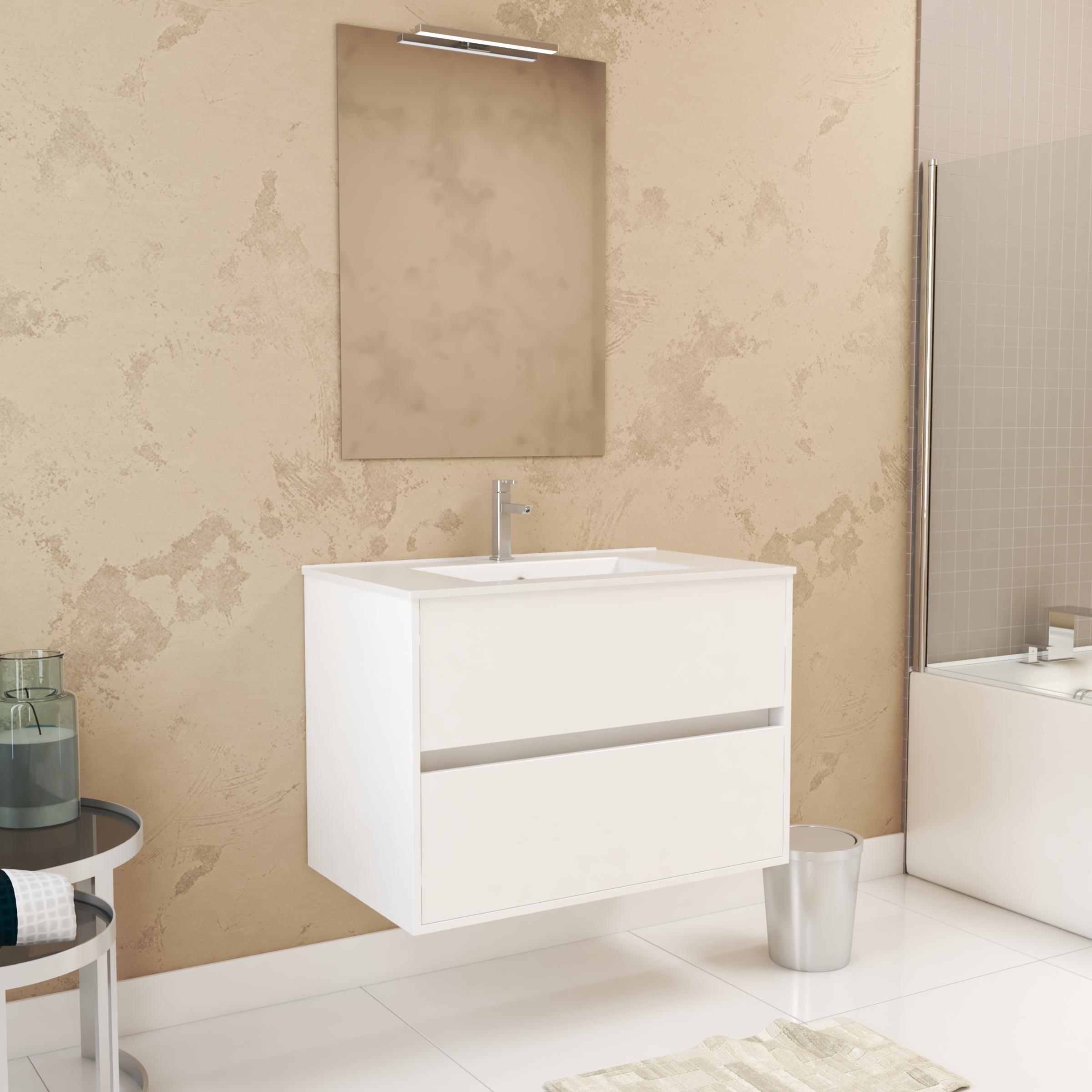 Pack mueble baño 80 cm blanco 2 cajones lavabo espejo 60x80 + LED