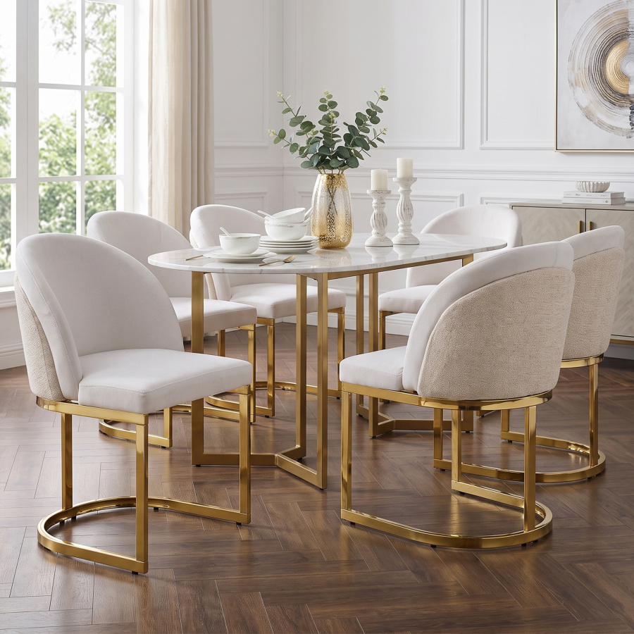 Conjunto 6 sillas comedor chenilla beige dorado respaldo doble patas metal