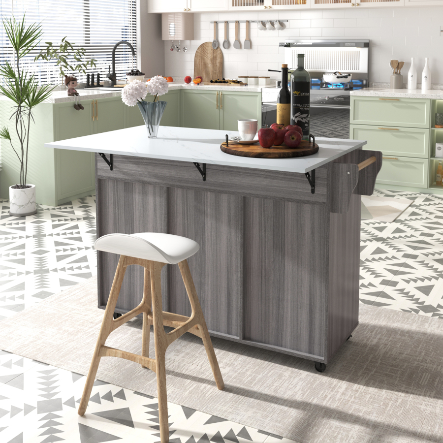 Isla de cocina extensible con ruedas y 2 cajones gris blanco 91,5x129x46cm