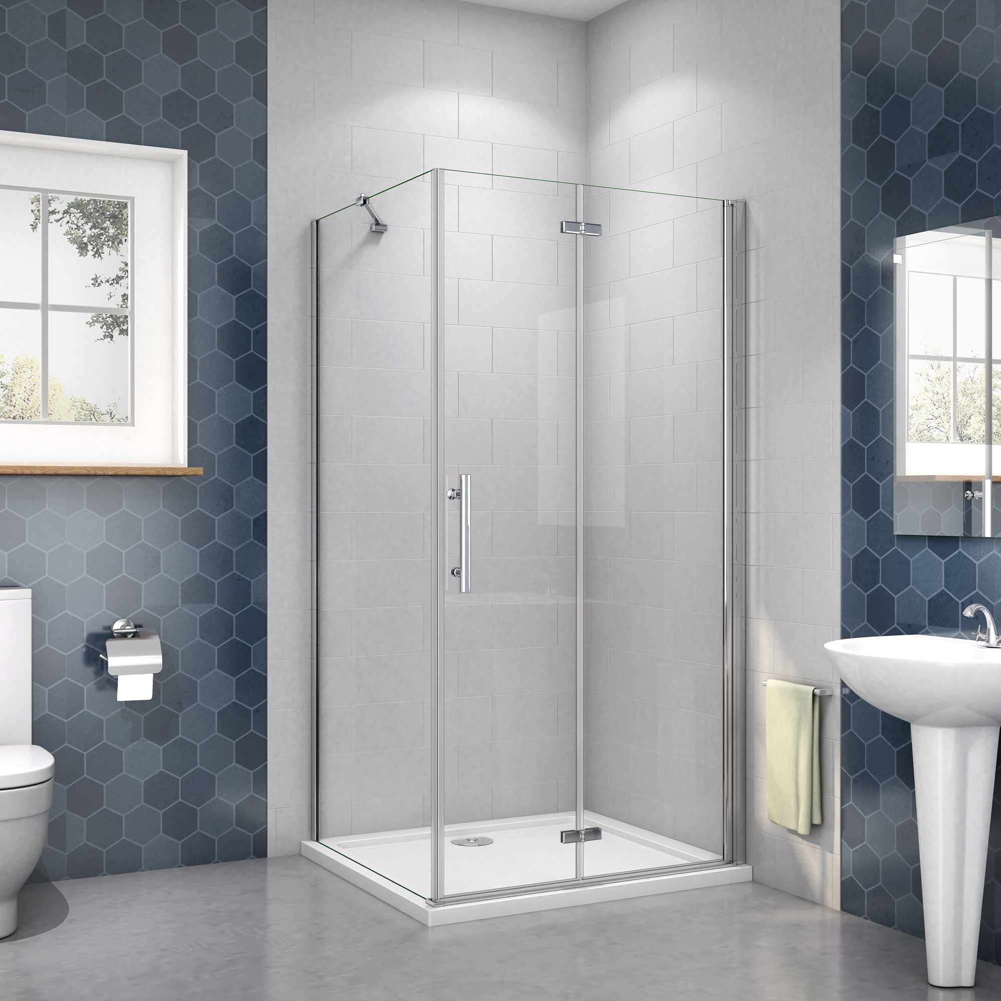 Mampara de ducha frontal plegable+panel lateral,barra 45cm,900x700x1950mm