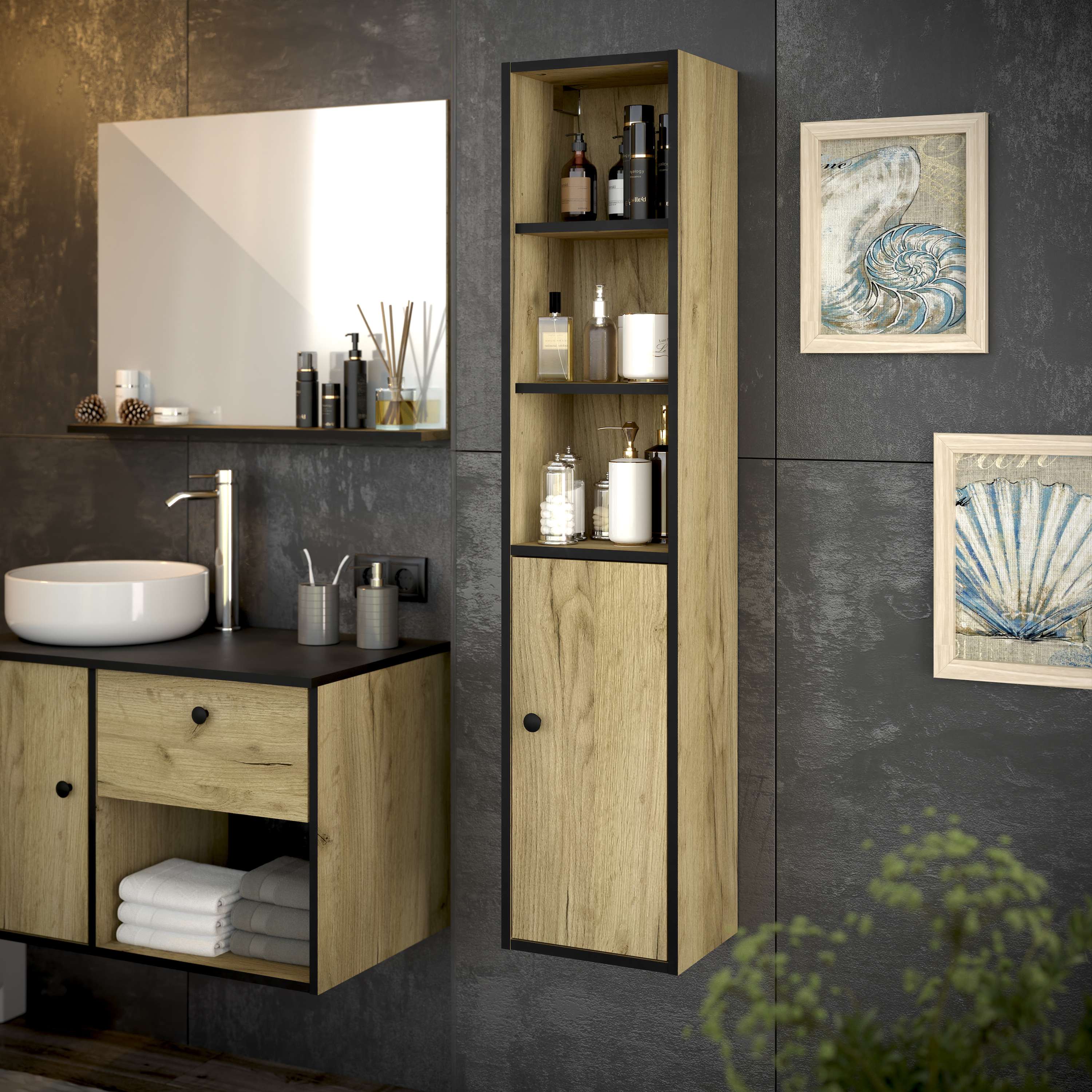 Columna de baño lara 1 puerta 140x30x25 negro y roble t-bath