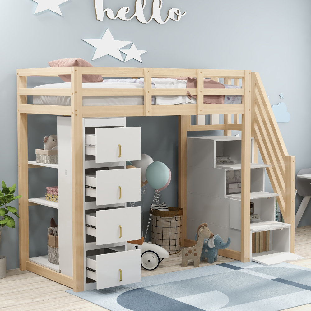 Cama alta 90x200cm con cajones y estante madera maciza – natural