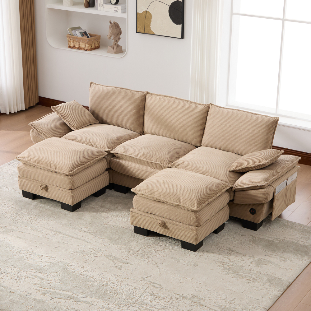 Sofá modular 3 plazas pana caqui con 2 otomanas usb y bolsillos