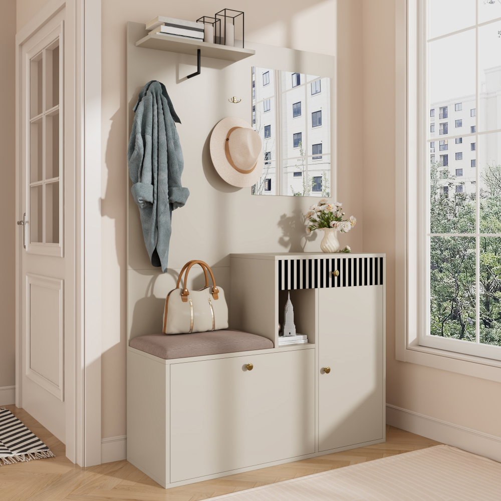Mueble recibidor con espejo asiento acolchado beige y crema 185,5x110x37cm
