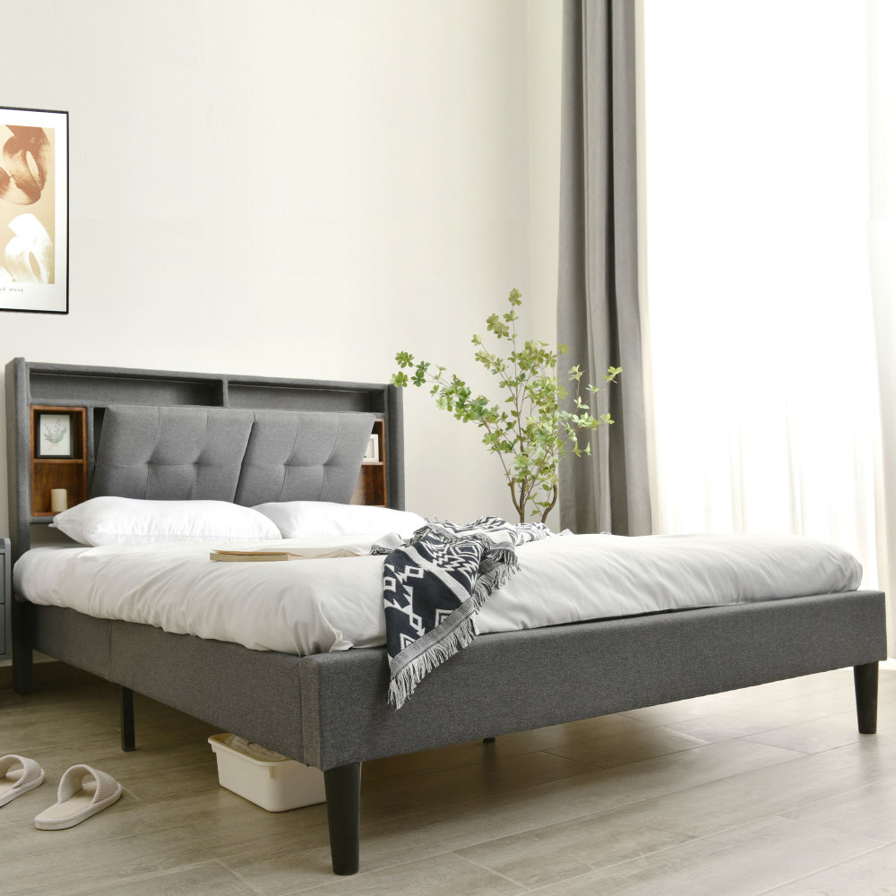Cama tapizada 140x200cm almacenaje LED usb madera gris con colchón