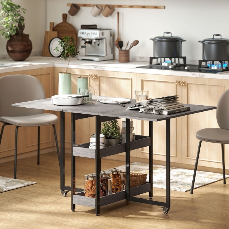 Mesa de comedor plegable con estantes madera gris 75x133,4x80cm
