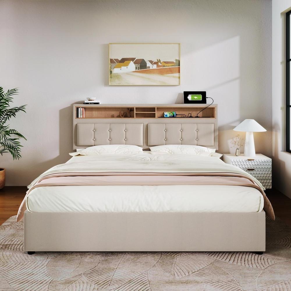 Cama 140x200 cm, usb-c, almacenaje, colchón 620 resortes, beige