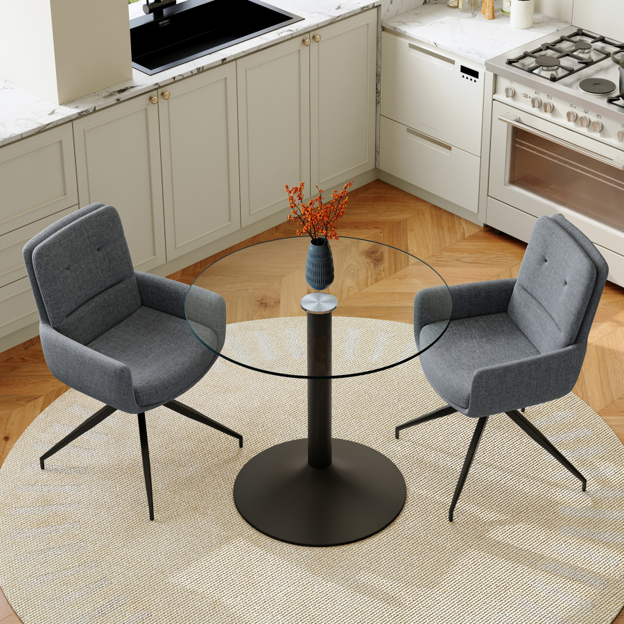 Conjunto comedor mesa redonda cristal 2 sillas giratorias gris 76x85x85cm