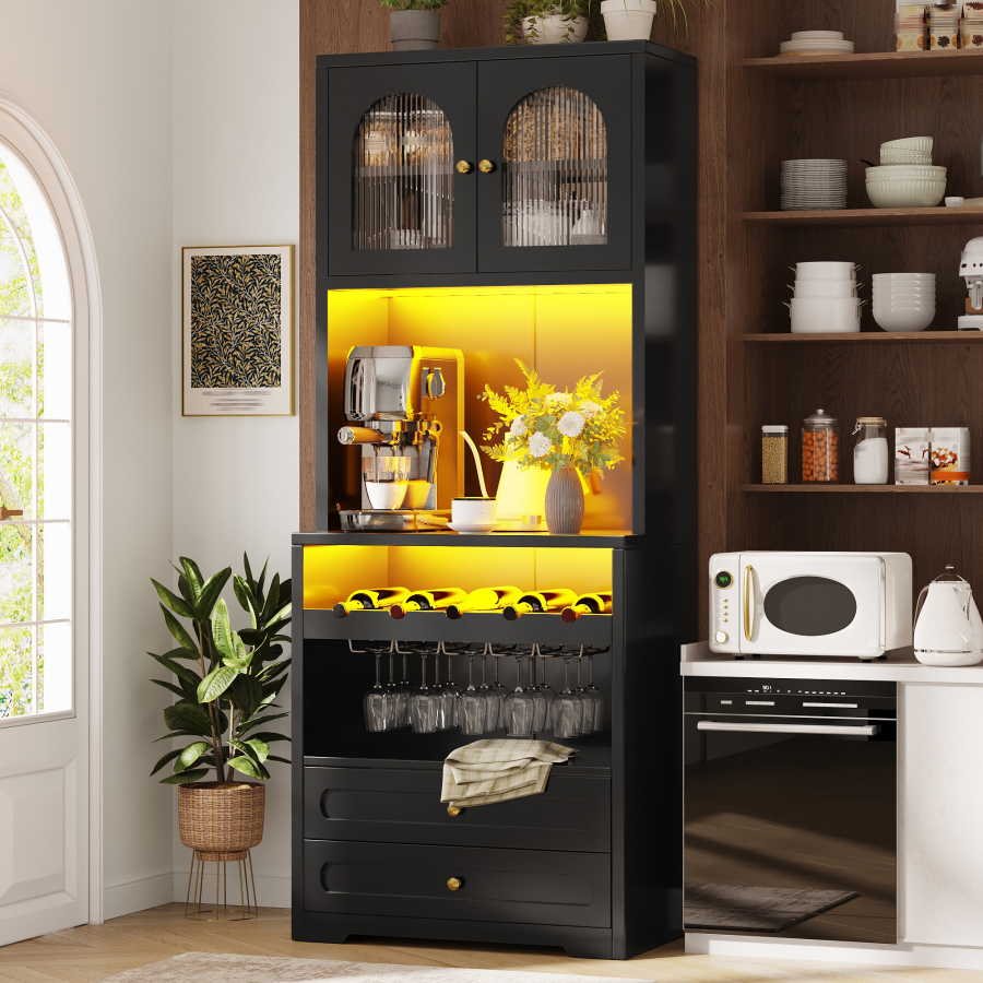 Armario alto con LED y 2 cajones negro 180x70x40cm