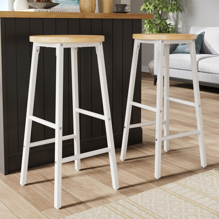 Conjunto de 2 taburetes de bar mdf y metal blanco con reposapiés