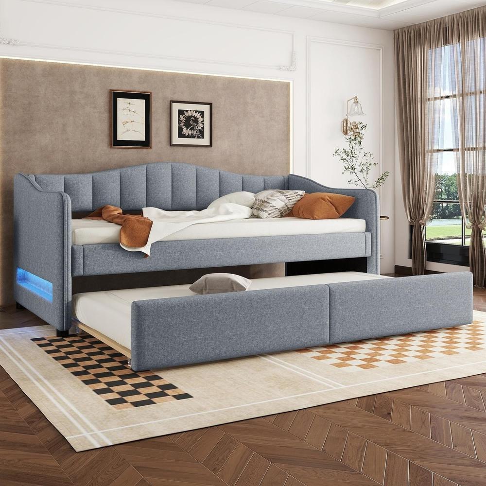 Cama con cajón 90x200cm lino extensible LED gris