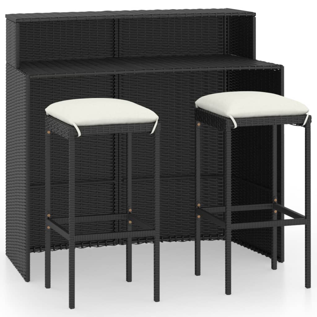 vidaXL set muebles de bar para jardín 3 piezas y cojines negro