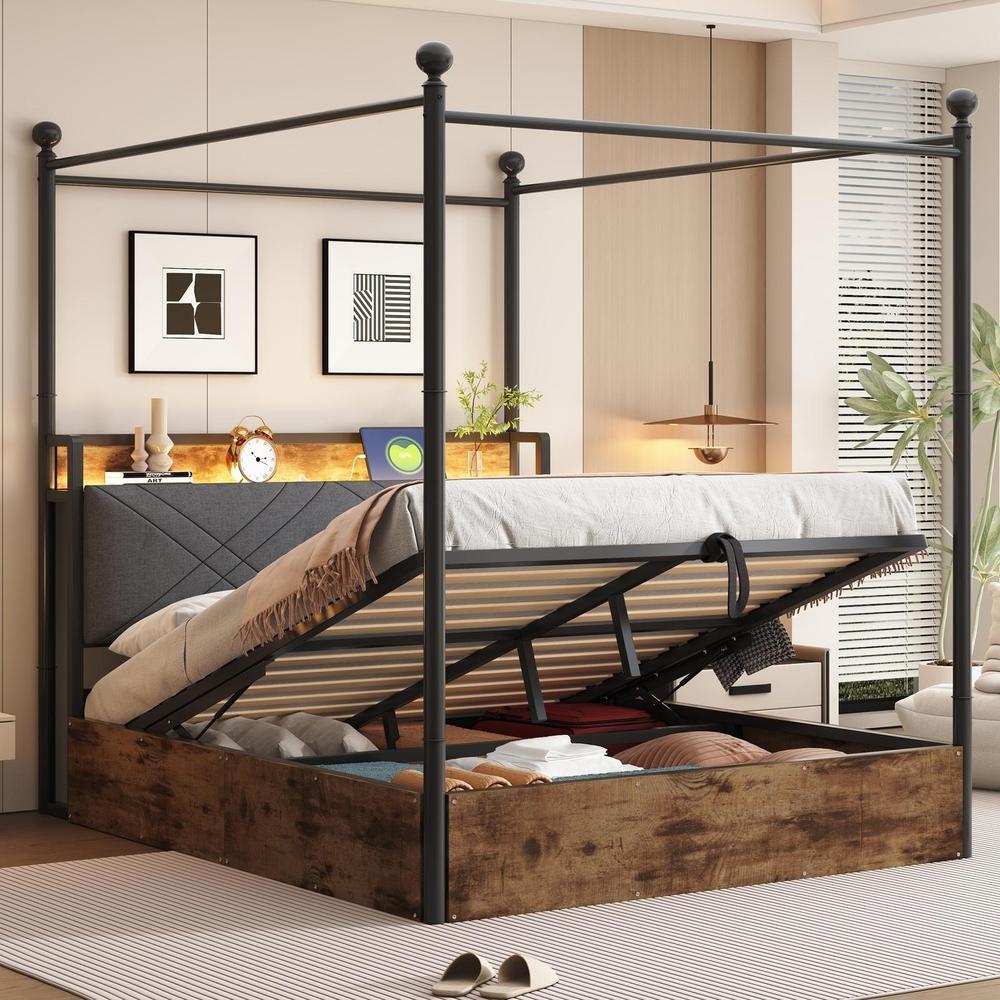 Cama doble con almacenaje hidráulico, LED usb-c, 140x190cm, negra