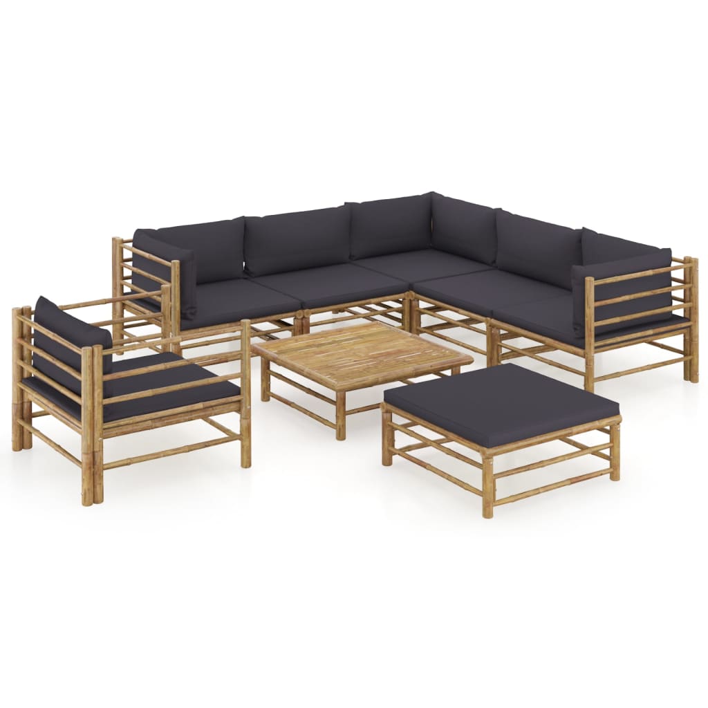 vidaXL set de muebles de jardín 8 piezas bambú con cojines gris oscuro