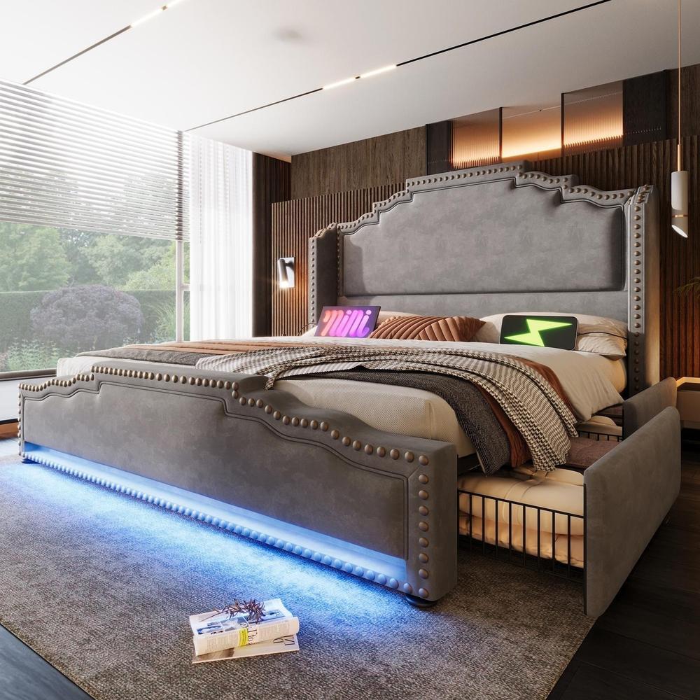 Cama doble 140x200cm con 4 cajones, LED, usb c, somier, gris