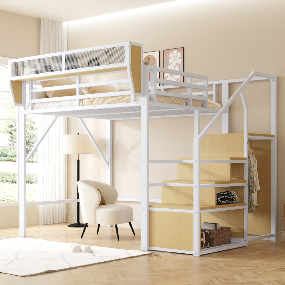 Cama alta juvenil 140x200cm con compartimentos y armario metal – blanco