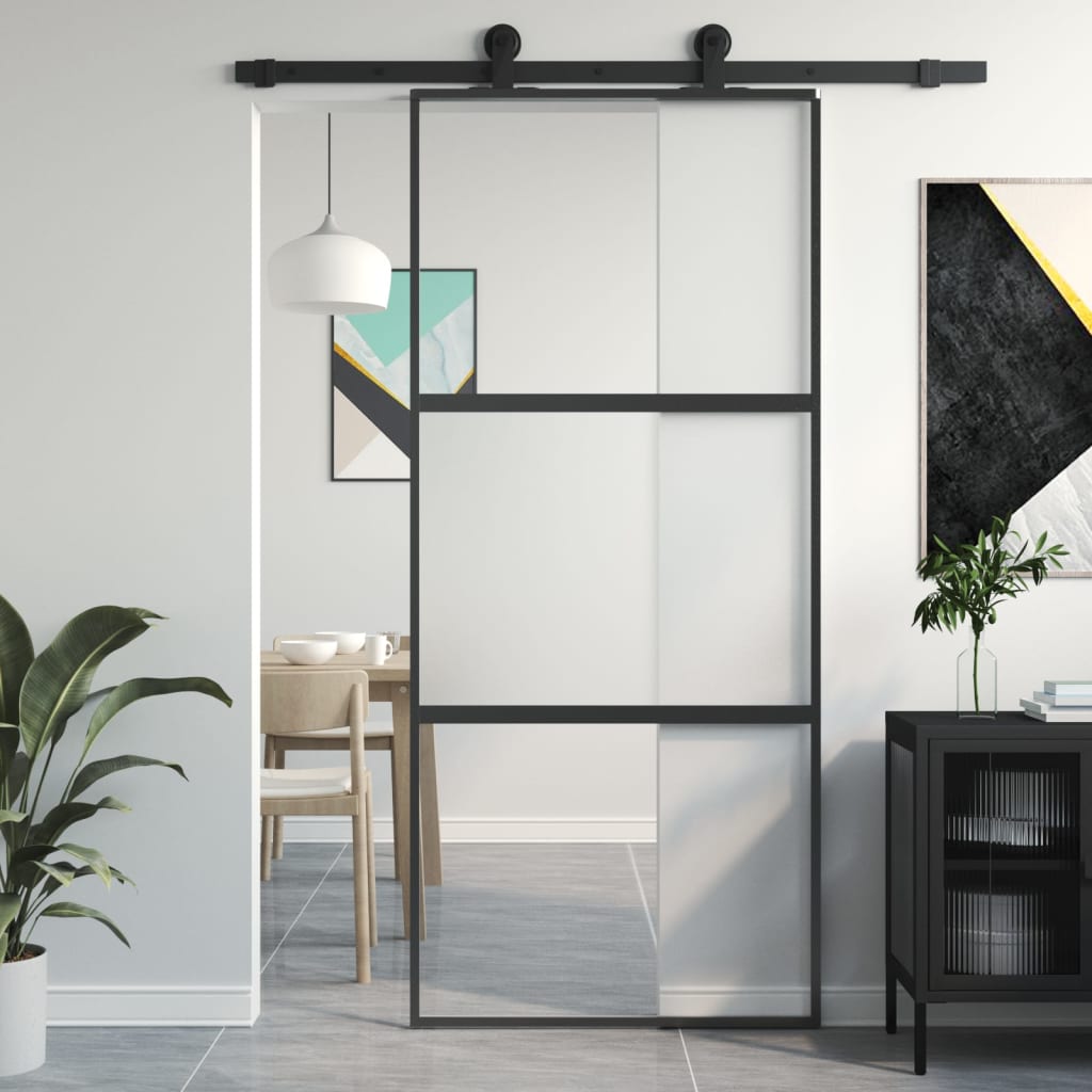 Puerta corredera vidrio templado y aluminio negra 90x205 cm esxt4528