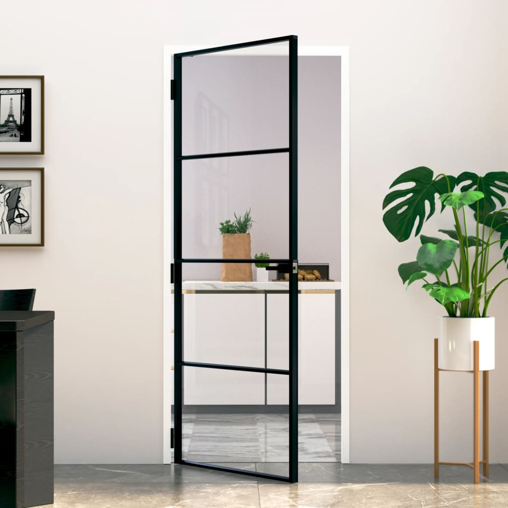 Puerta de interior vidrio templado y aluminio negro 83x201,5 cm wef2220
