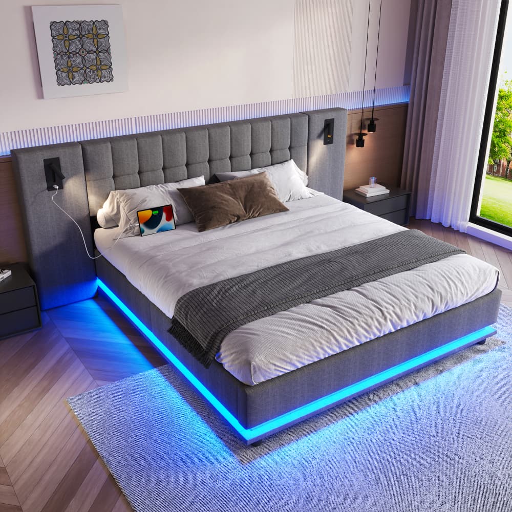 Cama de matrimonio tapizada 180x200 cm con LED, foco y usb lino – gris