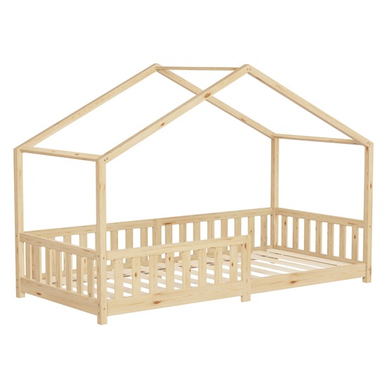 Cama infantil en forma de casa madera natural maciza de pino 90x200cm