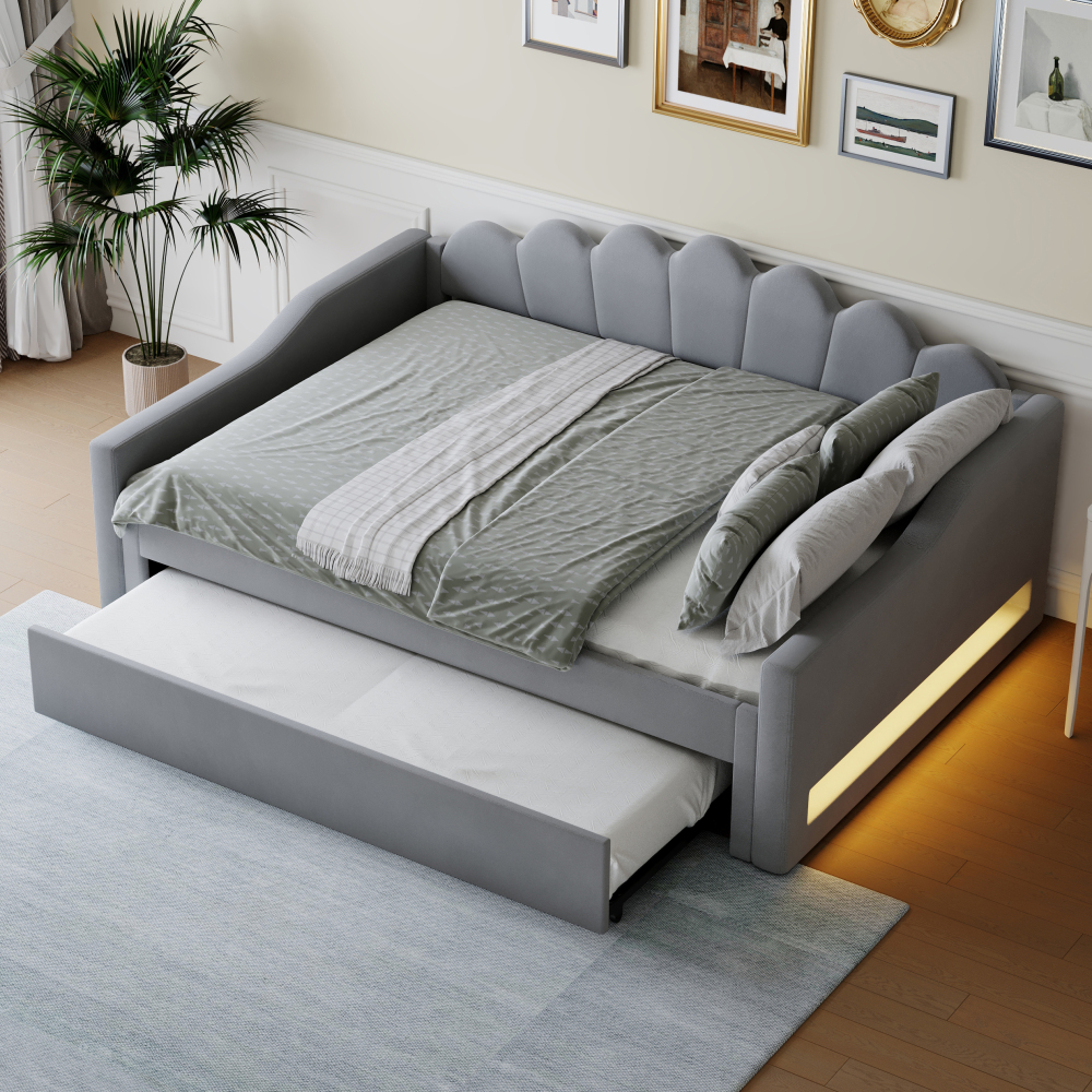 Cama nido 140x200cm con LED, sofá cama individual, mdf y lino – gris