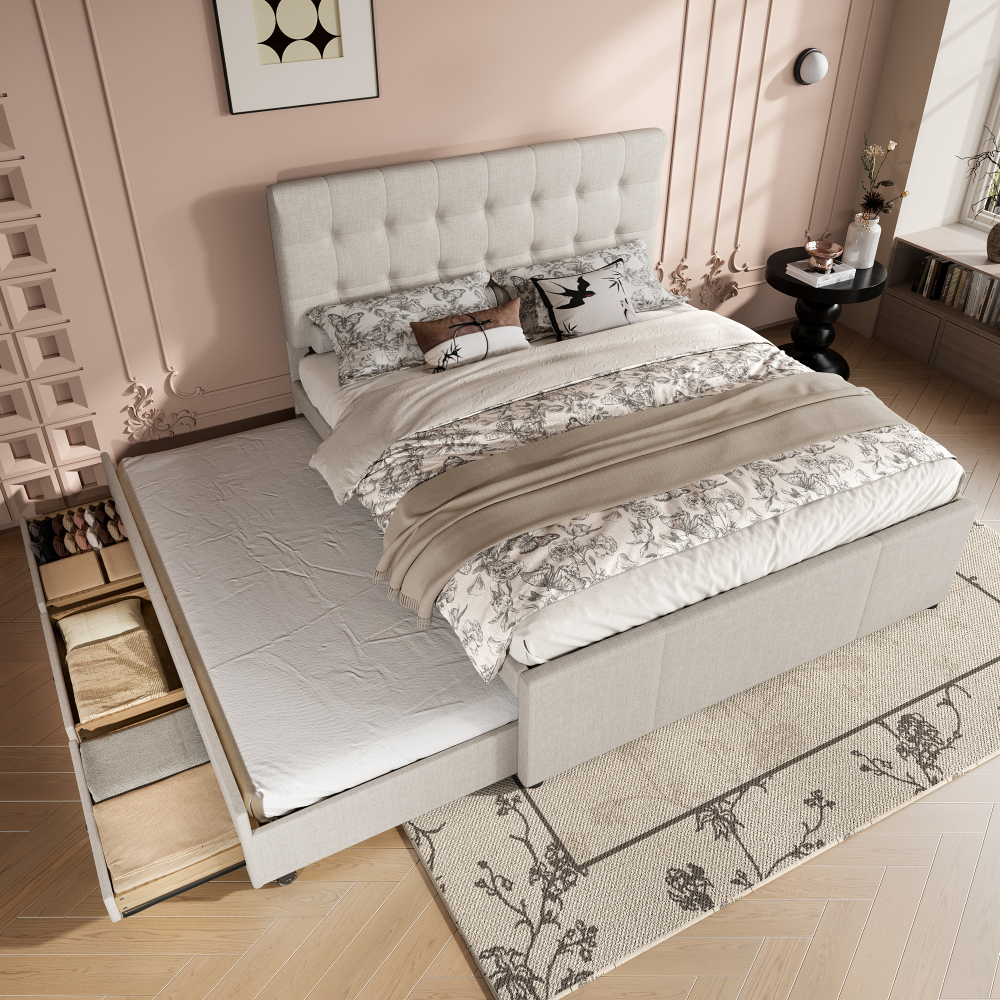 Cama nido 140x200cm con 3 cajones y cabecero ajustable lino – beige