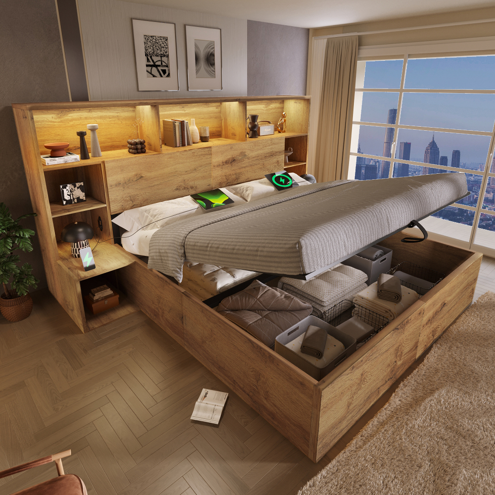 Cama doble 160x200cm con almacenaje, mesillas, LED y usb madera – roble