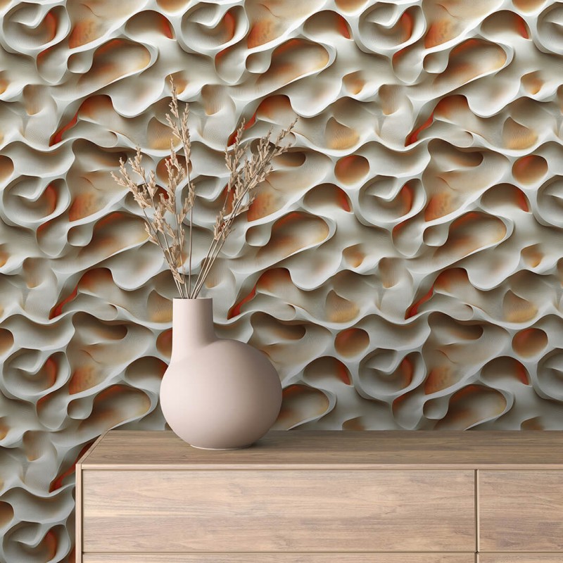 Papel pintado 3d olas beige, gris y naranja 60cm por 300cm