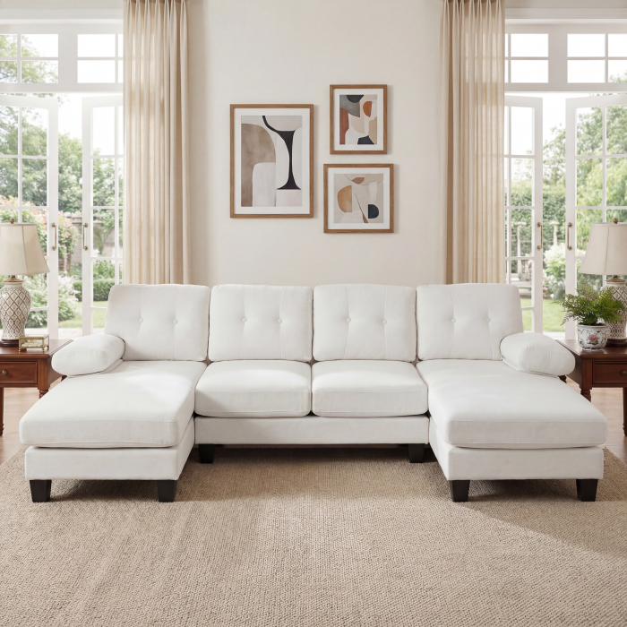 Sofá en u chenilla beige 4 plazas con doble chaise longue y bolsillos
