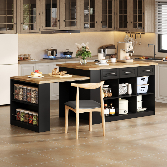 Isla de cocina con mesa extensible natural y negro 90x150x90cm