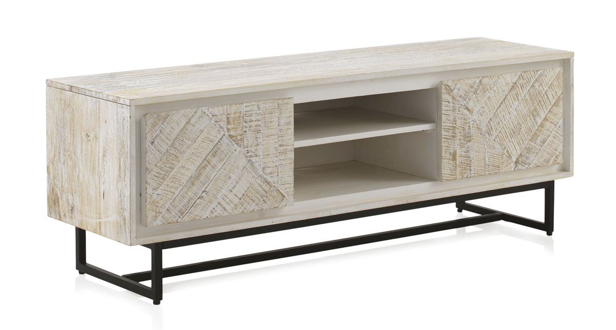 Mueble tv 2 puertas de madera de mango blanco patinado, 140x40x50cm