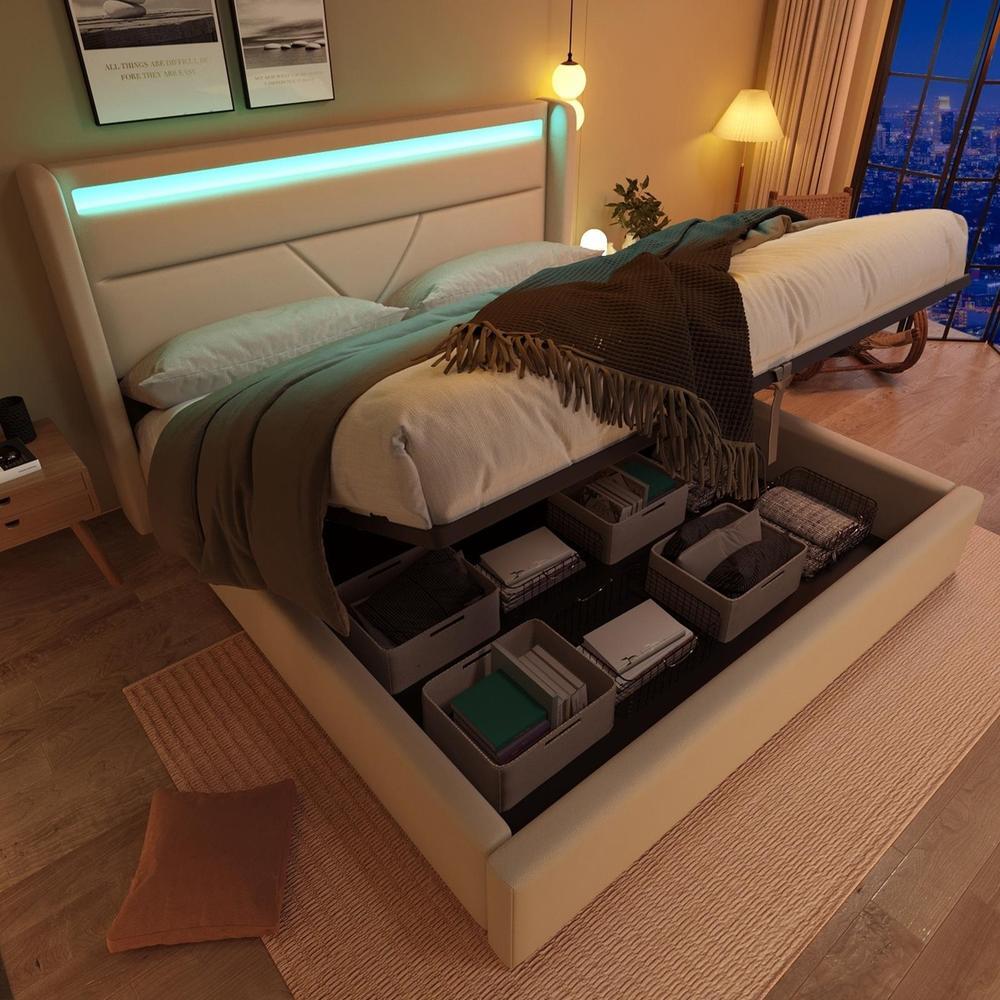 Cama con almacenaje hidráulico LED con mando 140x200cm, blanco