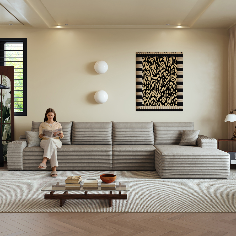 Sofá modular en l con chaise longue de tela camel 3 plazas sin montaje