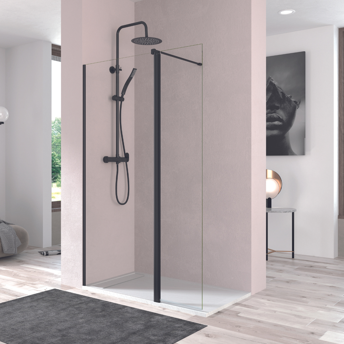 Mampara ducha puerta abatible pivotante 90cm + 40cm transparente negro