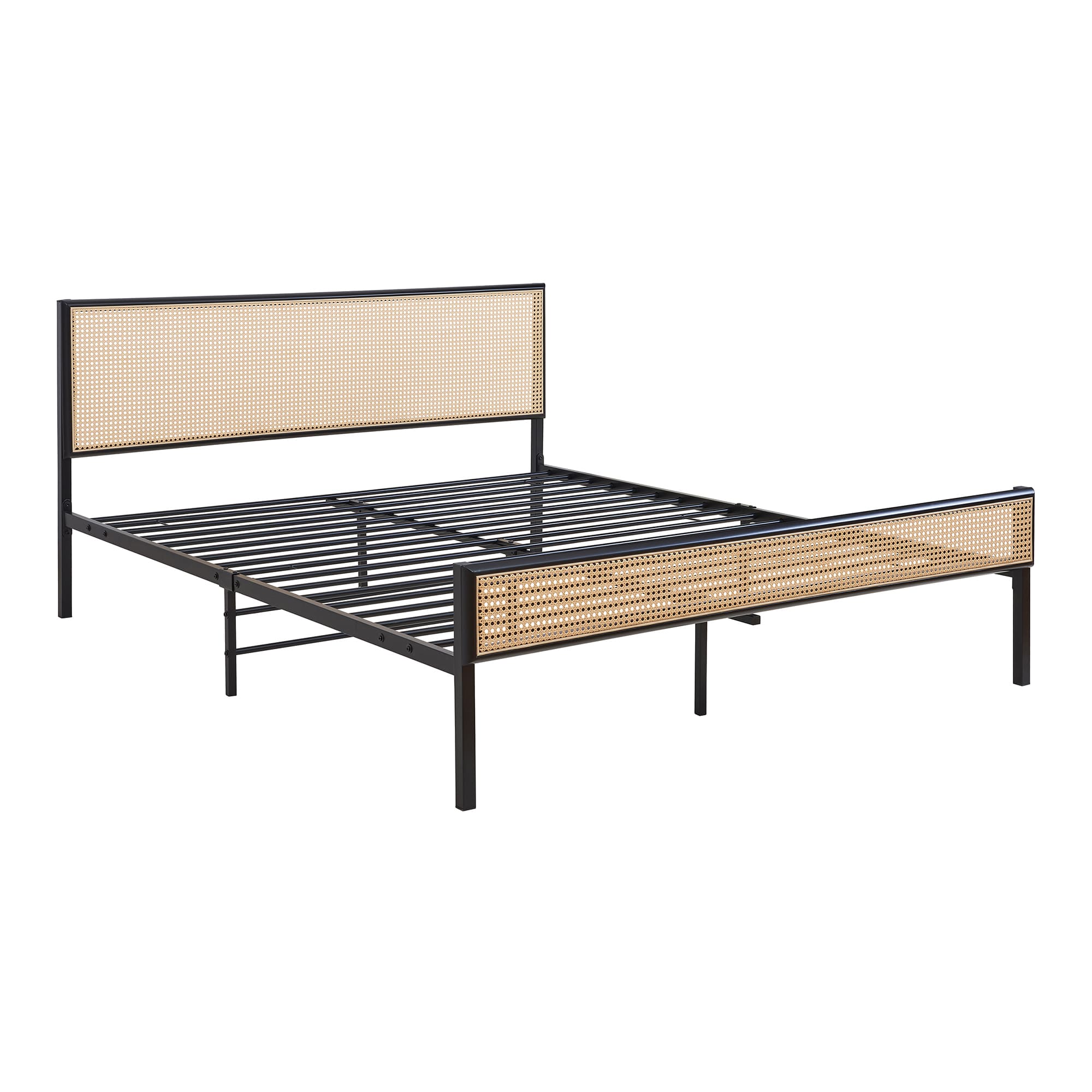 Cama metal linköping cabecero rectangular 160x200cm negro / ratán [en.casa]
