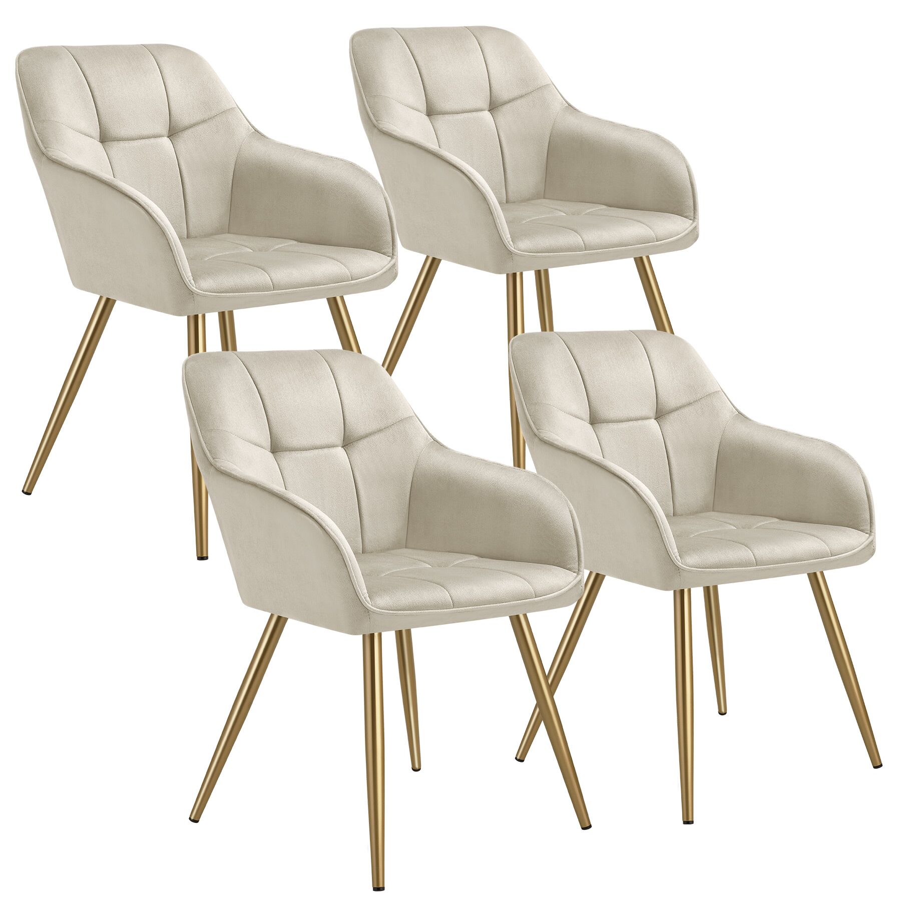 4 sillas de comedor, aterciopeladas, 58 x 62 x 82 cm, crema/oro