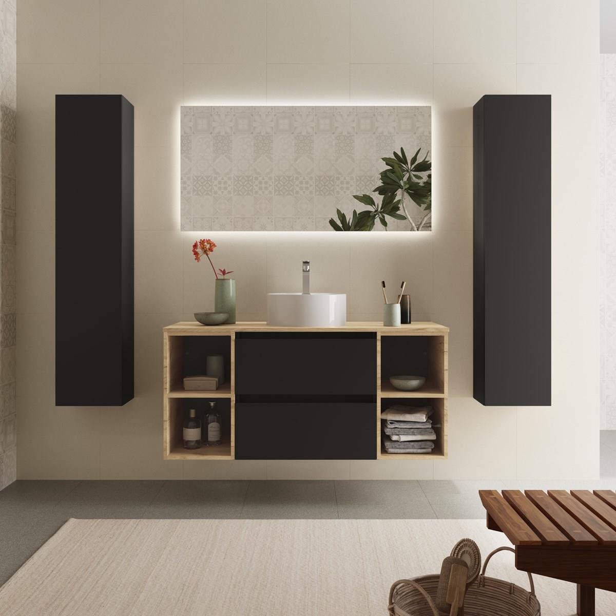 Mueble baño bequia plus 120cm negro y 2 coquetas roble+lavabo +encimera