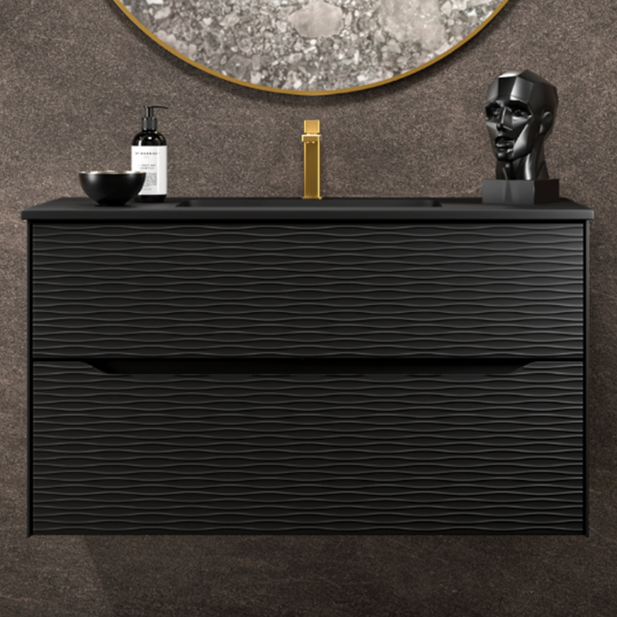 Mueble baño negro suspendido con lavabo negro | negro - negro 100cm