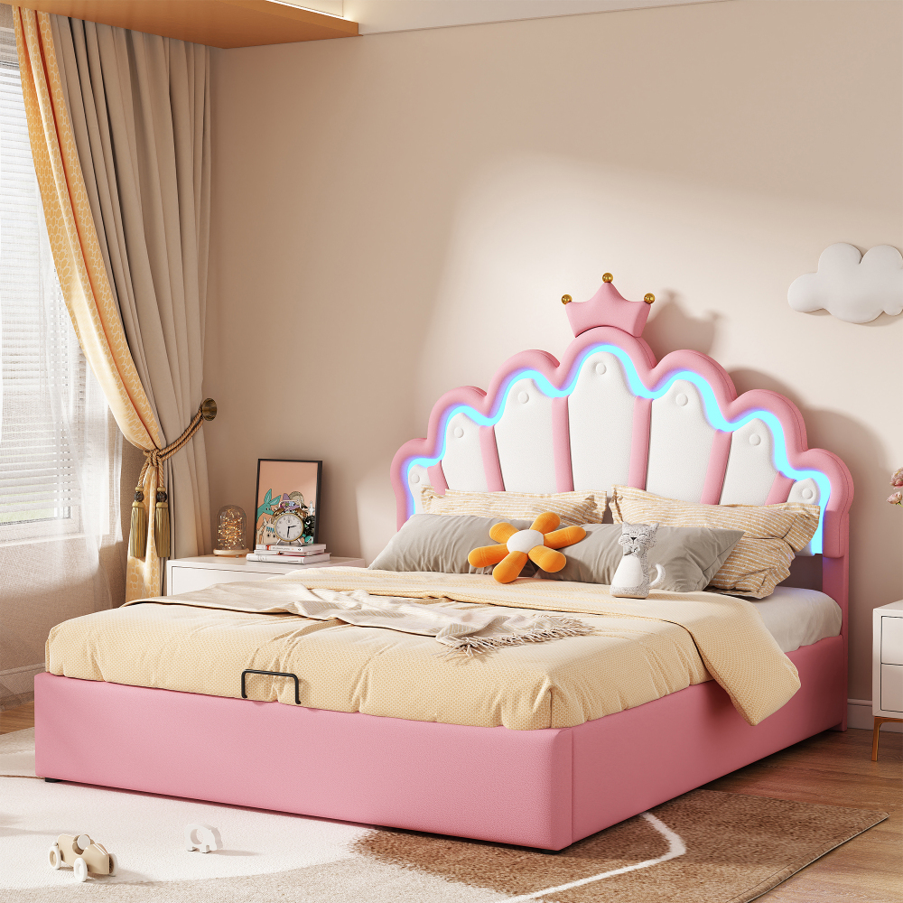 Cama de matrimonio tapizada 140x200cm con canapé hidráulico y LED pu rosa