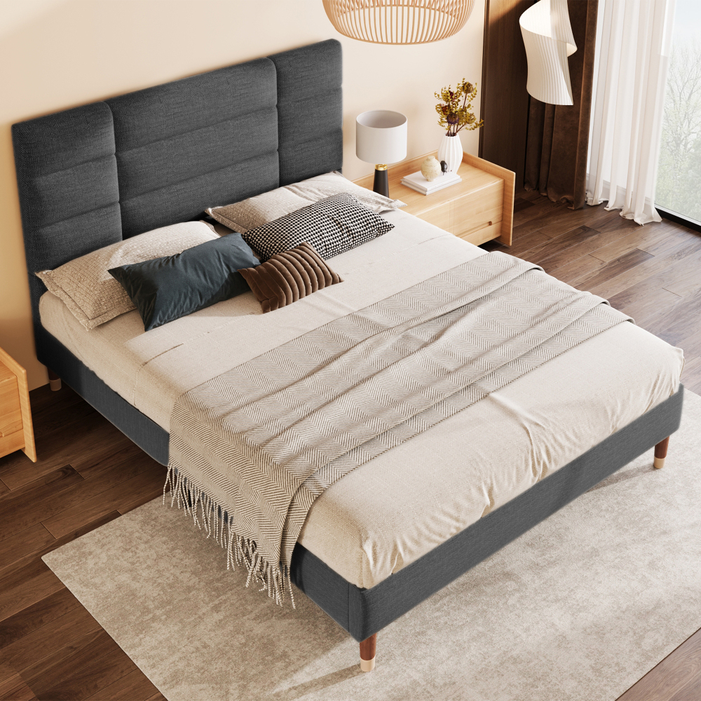 Cama tapizada 140x200 cm con somier y cabecero lino – gris