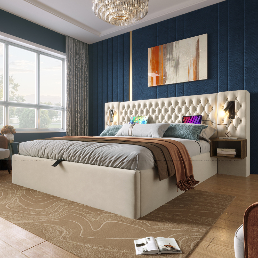 Cama doble 160x200cm con canapé, 2 mesitas, luces con usb terciopelo beige