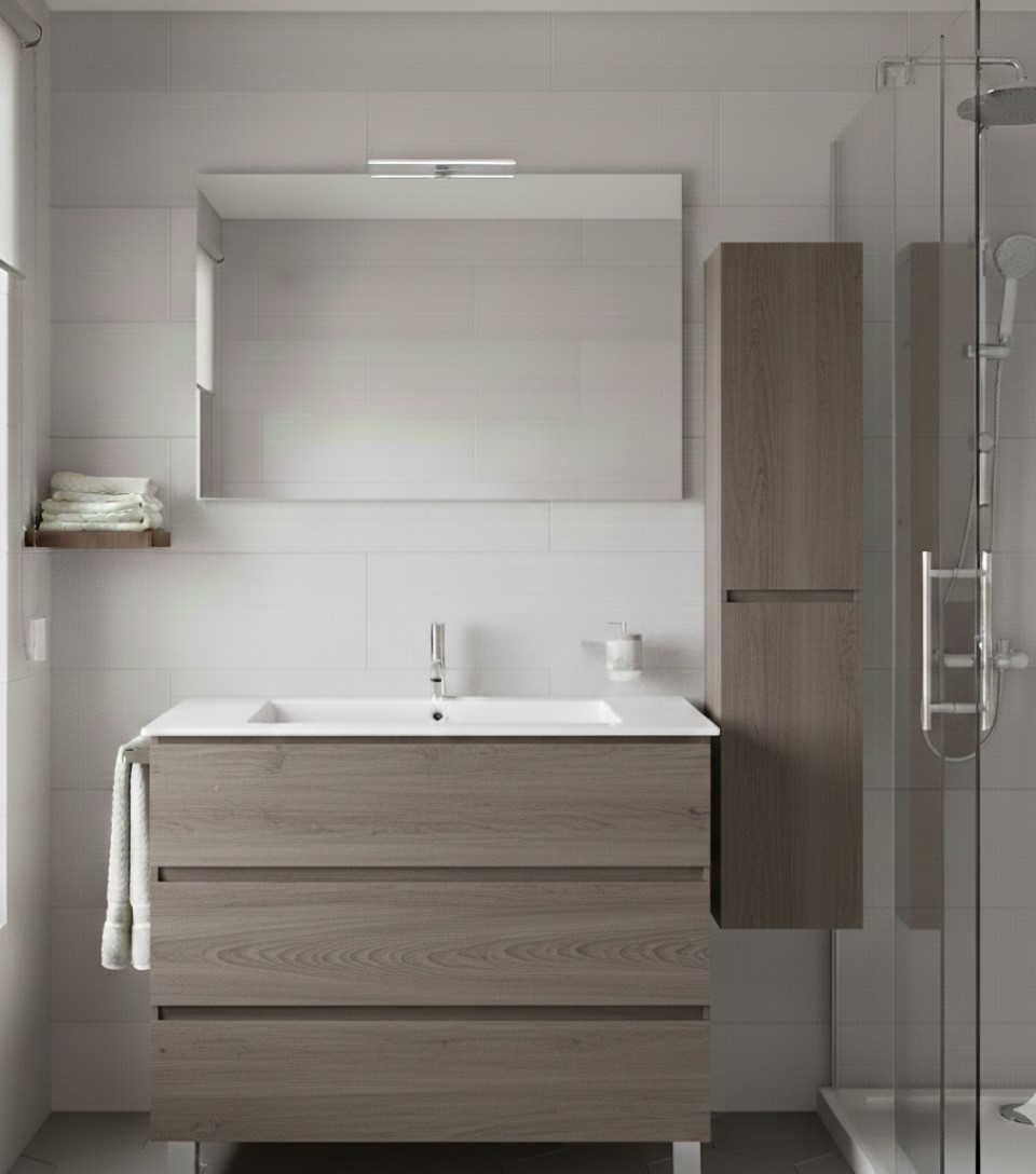 Mueble de baño balder, lavabo y espejo roble smoky 70x45 cm con columna