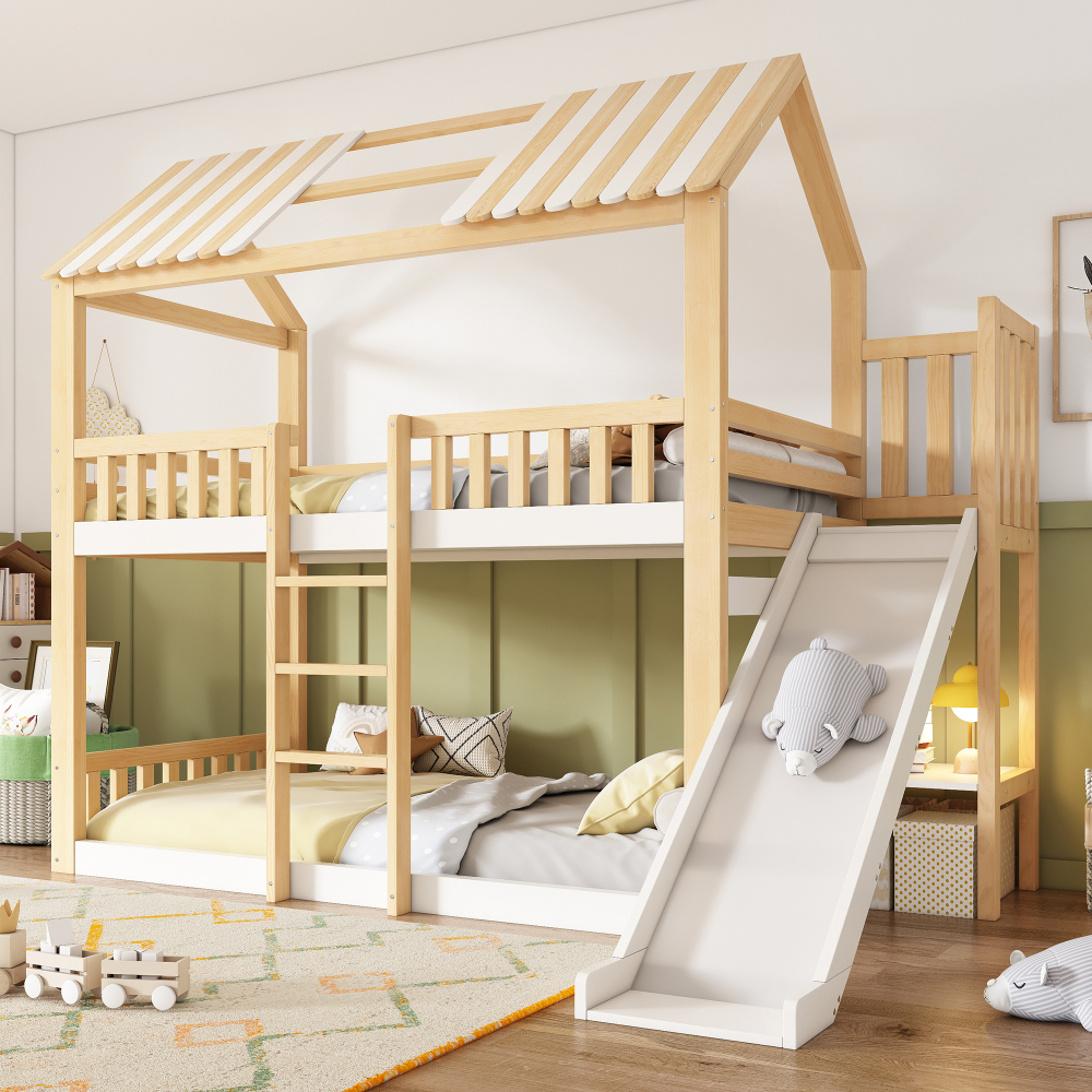 Litera 90x200cm casita con estante y tobogán madera – blanco y natural