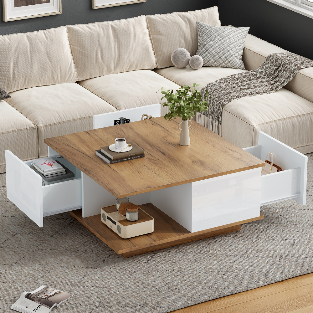 Mesa de centro con 3 cajones blanco y nogal 31,5x70x70cm