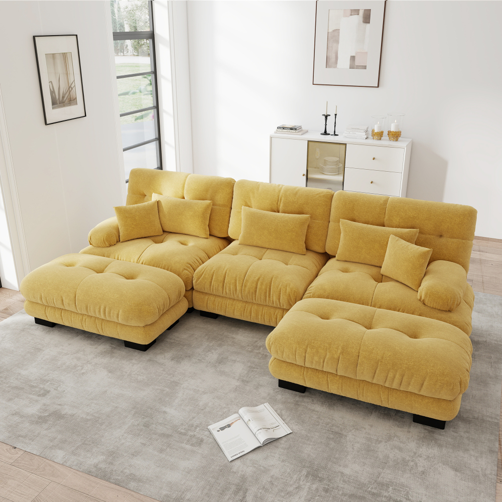 Sofá modular en u de chenilla amarillo con otomanas móviles