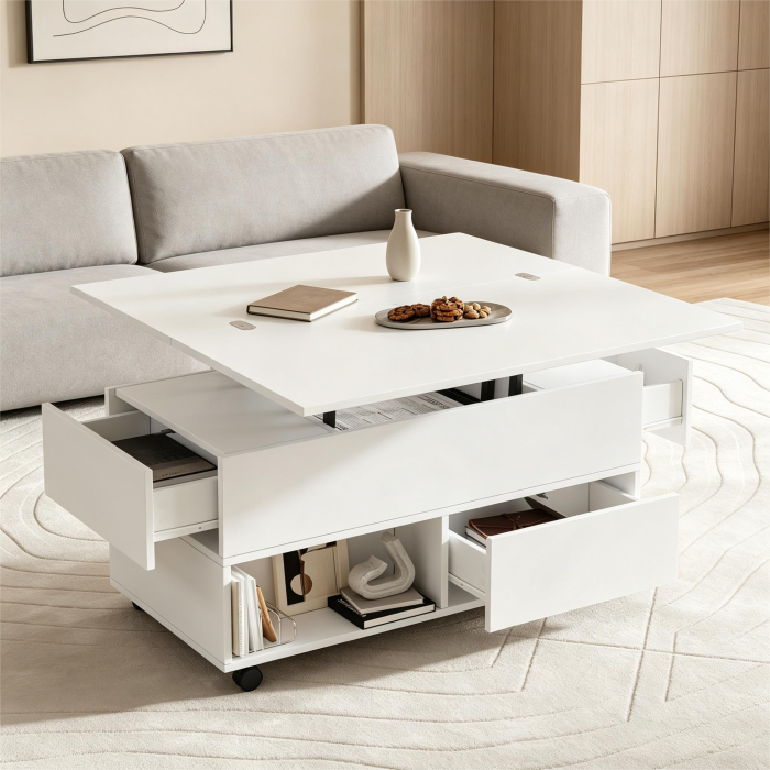 Mesa de centro elevable con 4 cajones y ruedas blanca 52x100x50cm