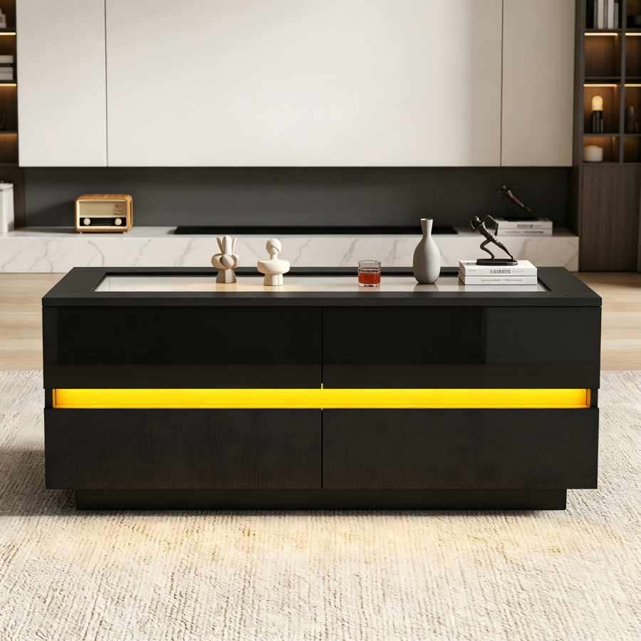 Mesa de centro negra con 4 cajones y luz LED 40x100x50cm