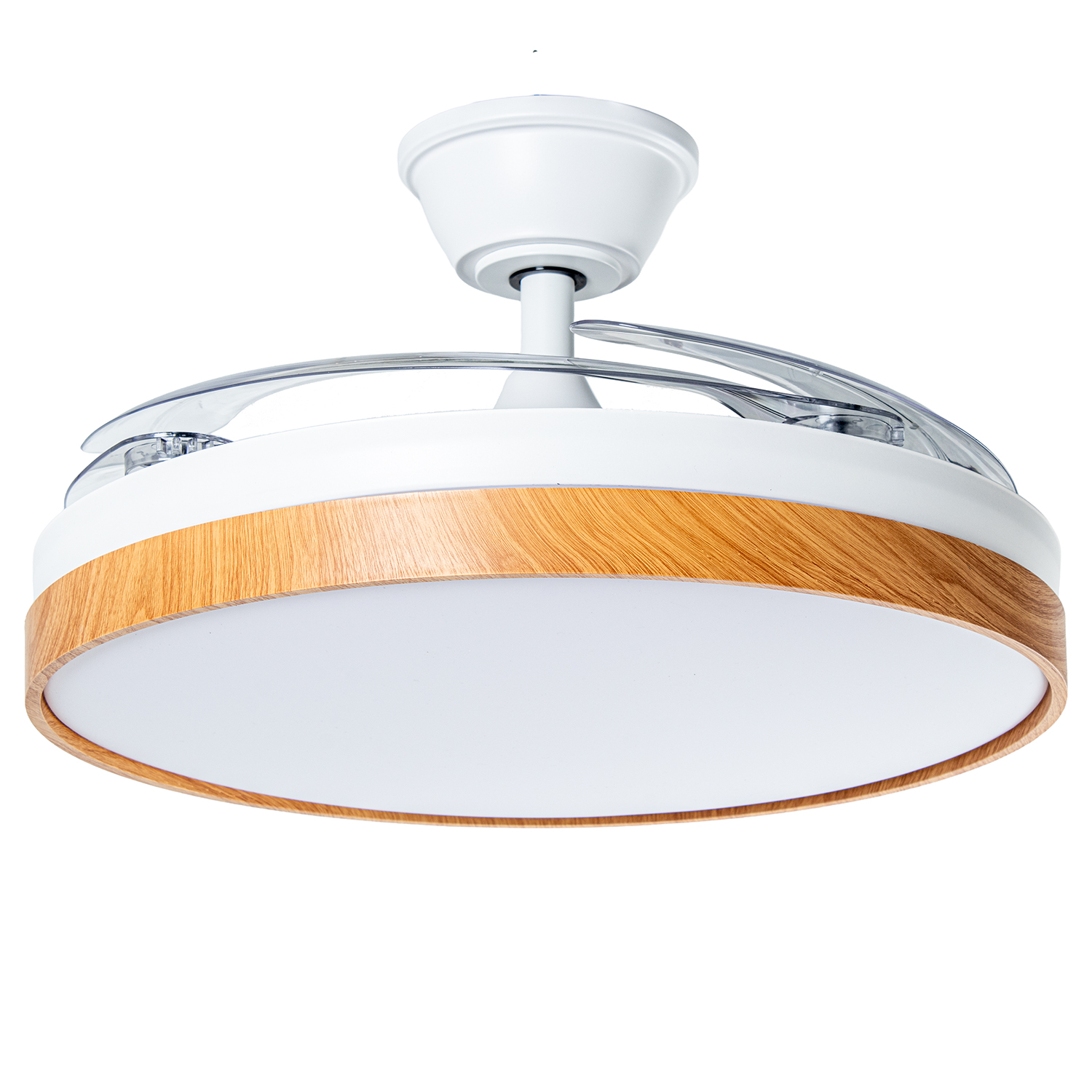 Ventilador de techo con luz aurora blanco, madera, 4 aspas retráctiles